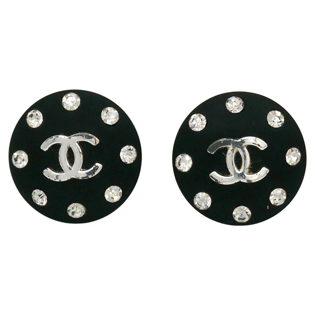 Chanel Vintage Jewelled CC Black Resin Clip On Earrings, 1996 For Sale