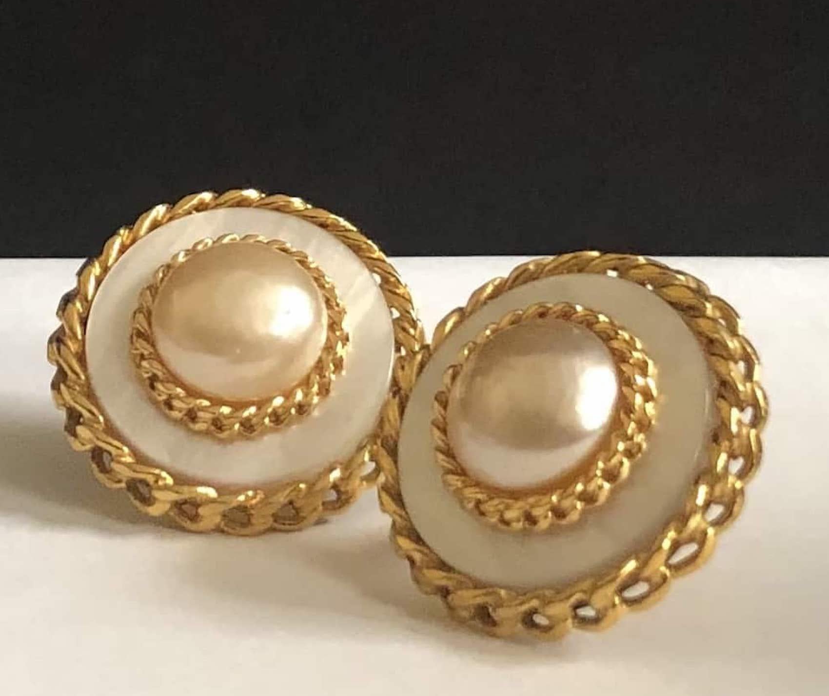 CHANEL Vintage Jumbo Gold Tone Chain and Faux Pearl Earrings In Excellent Condition In London, GB