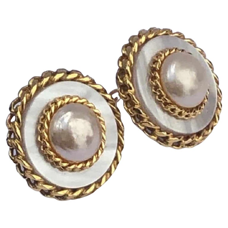 CHANEL Vintage Jumbo Gold Tone Chain and Faux Pearl Earrings at