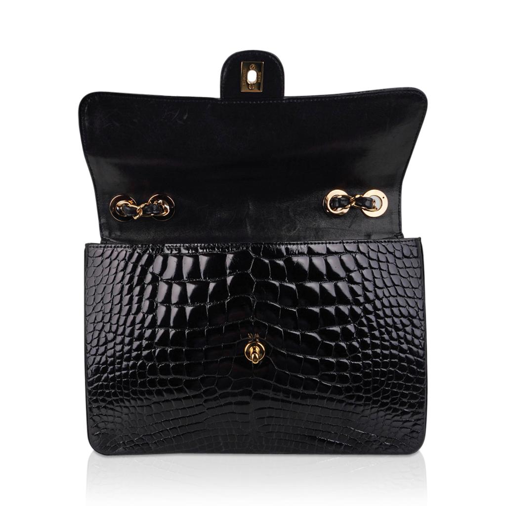 Chanel Vintage Jumbo Single Flap Black Alligator Bag Gold Hardware For Sale 6