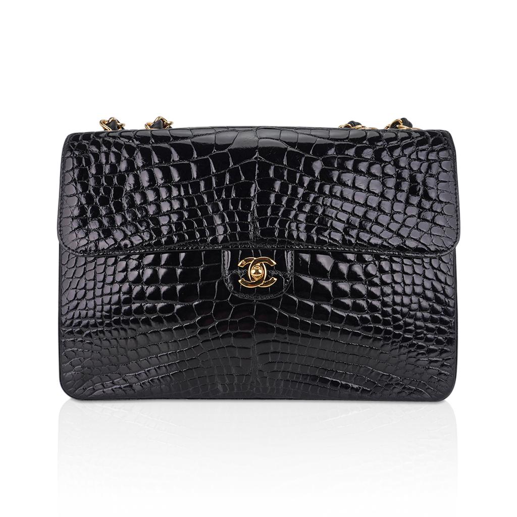 Chanel Vintage Jumbo Single Flap Black Alligator Bag Gold Hardware For Sale 8
