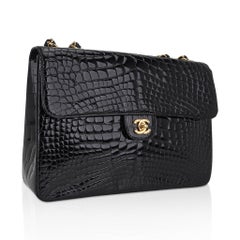 Chanel Vintage Jumbo Single Flap Black Alligator Bag Gold Hardware