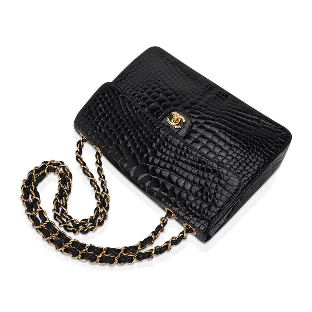 Chanel Vintage Jumbo Single Flap Black Alligator Bag Gold Hardware For Sale 2