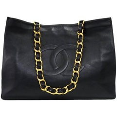 Chanel Vintage Jumbo XL Black Leather Shoulder Shopping Tote Bag Chanel Vintage Jumbo XL Black Leather Shoulder Shopping Tote Bag