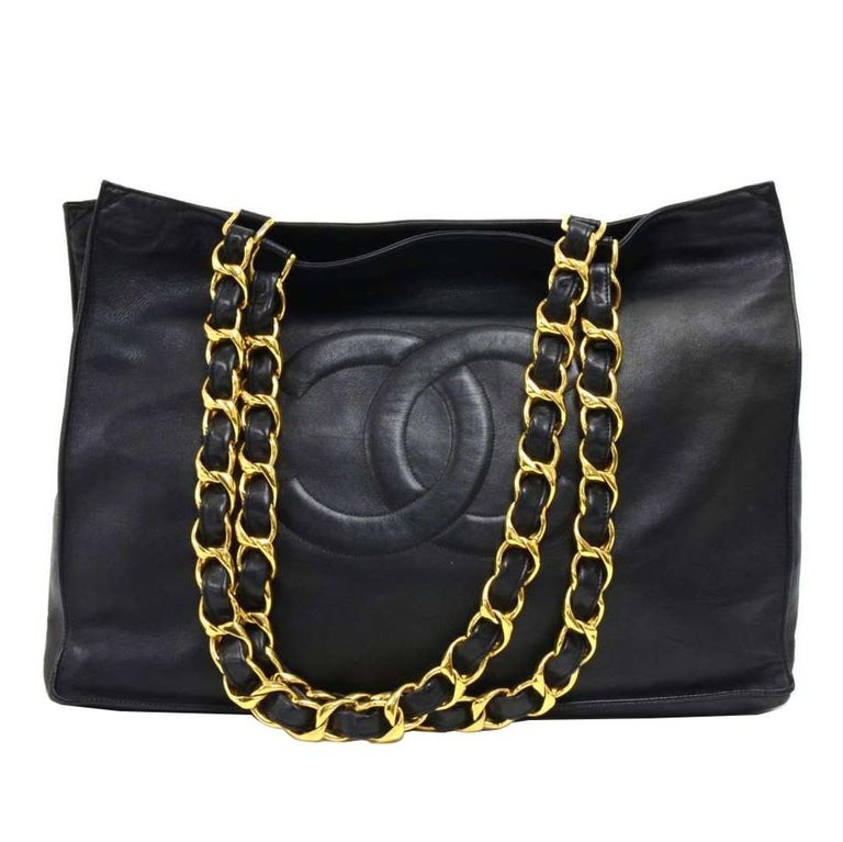 Chanel Vintage Jumbo XL Black Leather Shoulder Shopping Tote Bag at 1stDibs