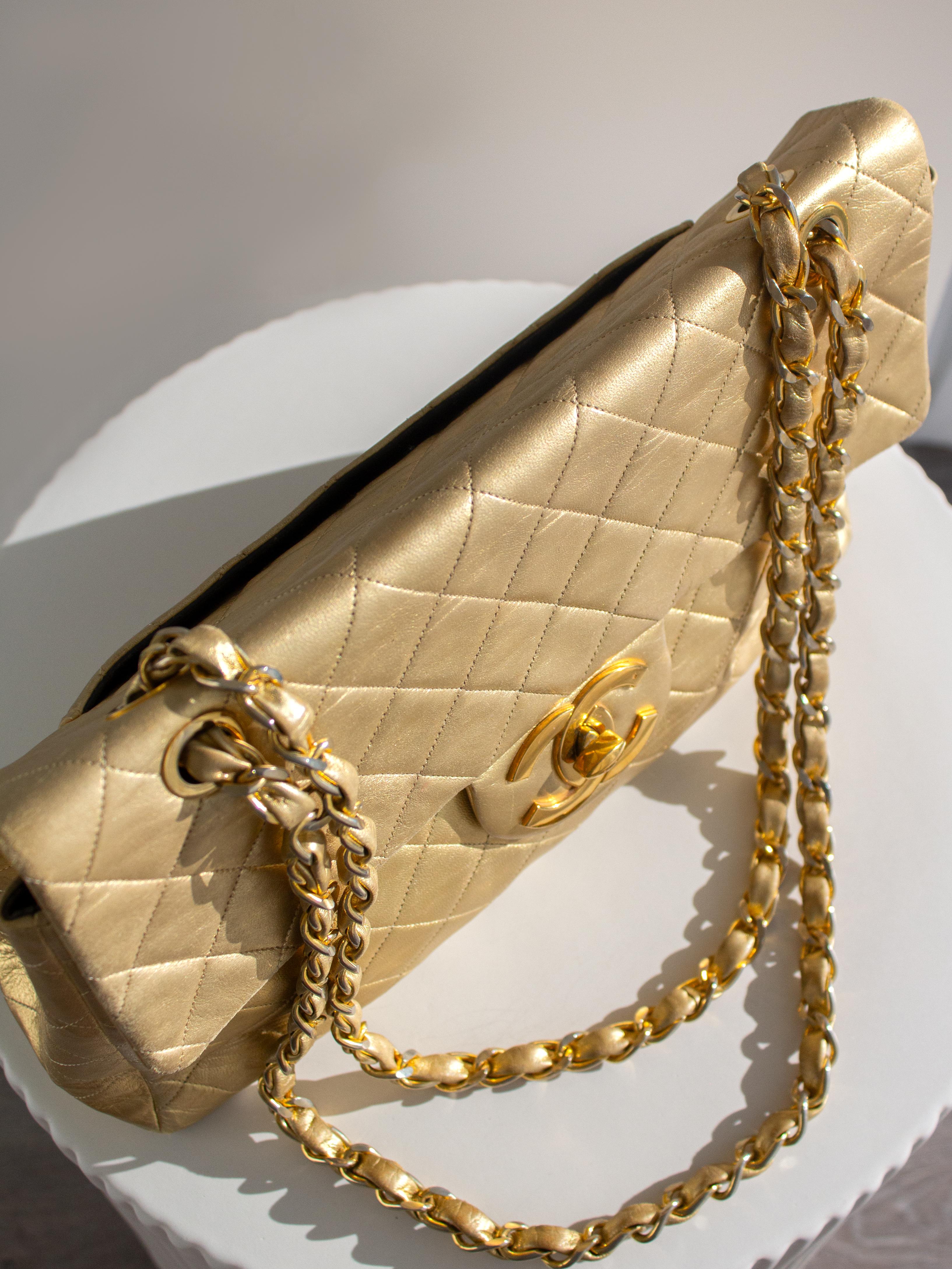 Chanel Vintage Jumbo XL Maxi Flap Metallic Gold 1990s Lambskin Bag 5