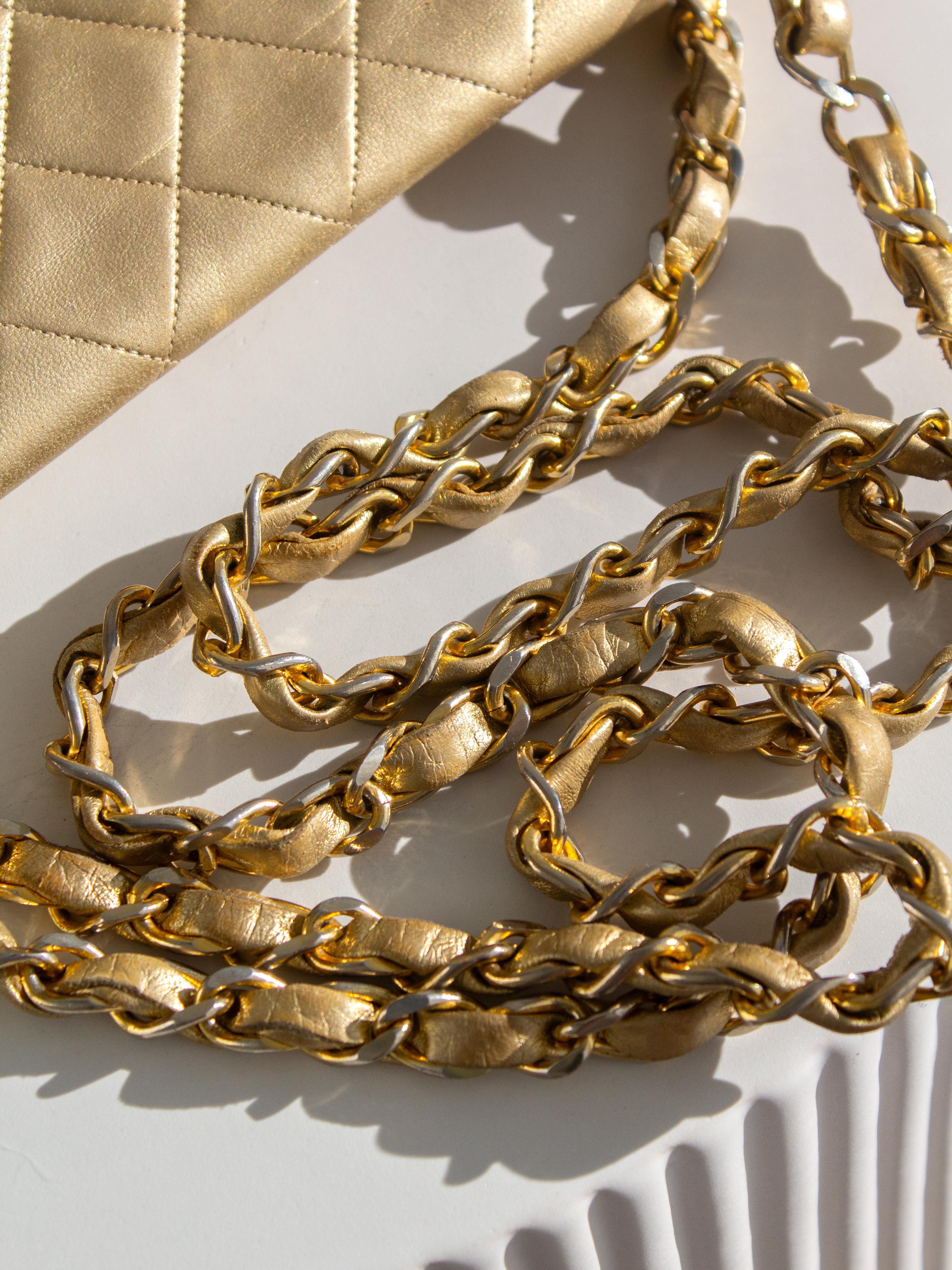 Chanel Vintage Jumbo XL Maxi Flap Metallic Gold 1990s Lambskin Bag 9