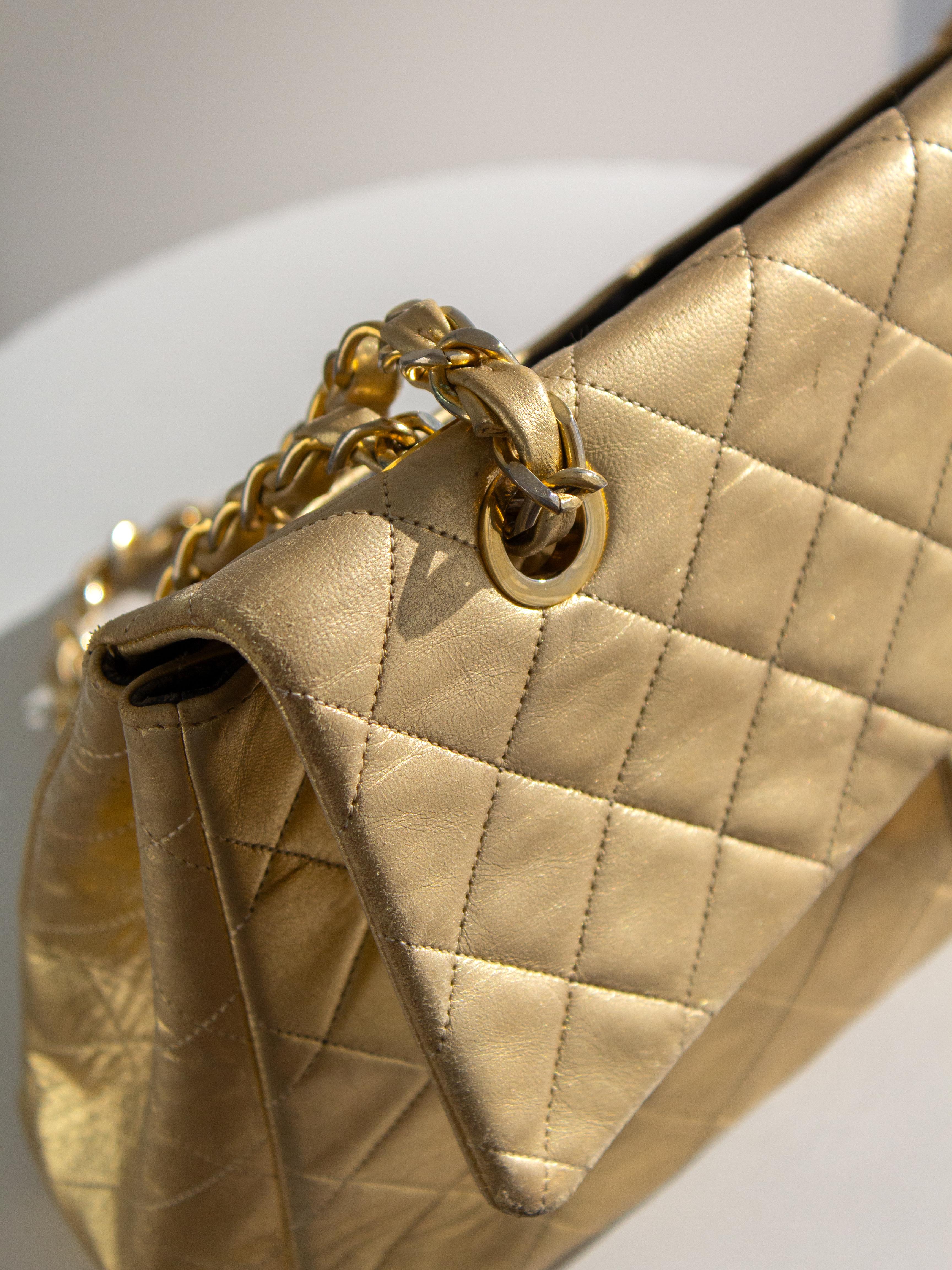 Chanel Vintage Jumbo XL Maxi Flap Metallic Gold 1990s Lambskin Bag 11