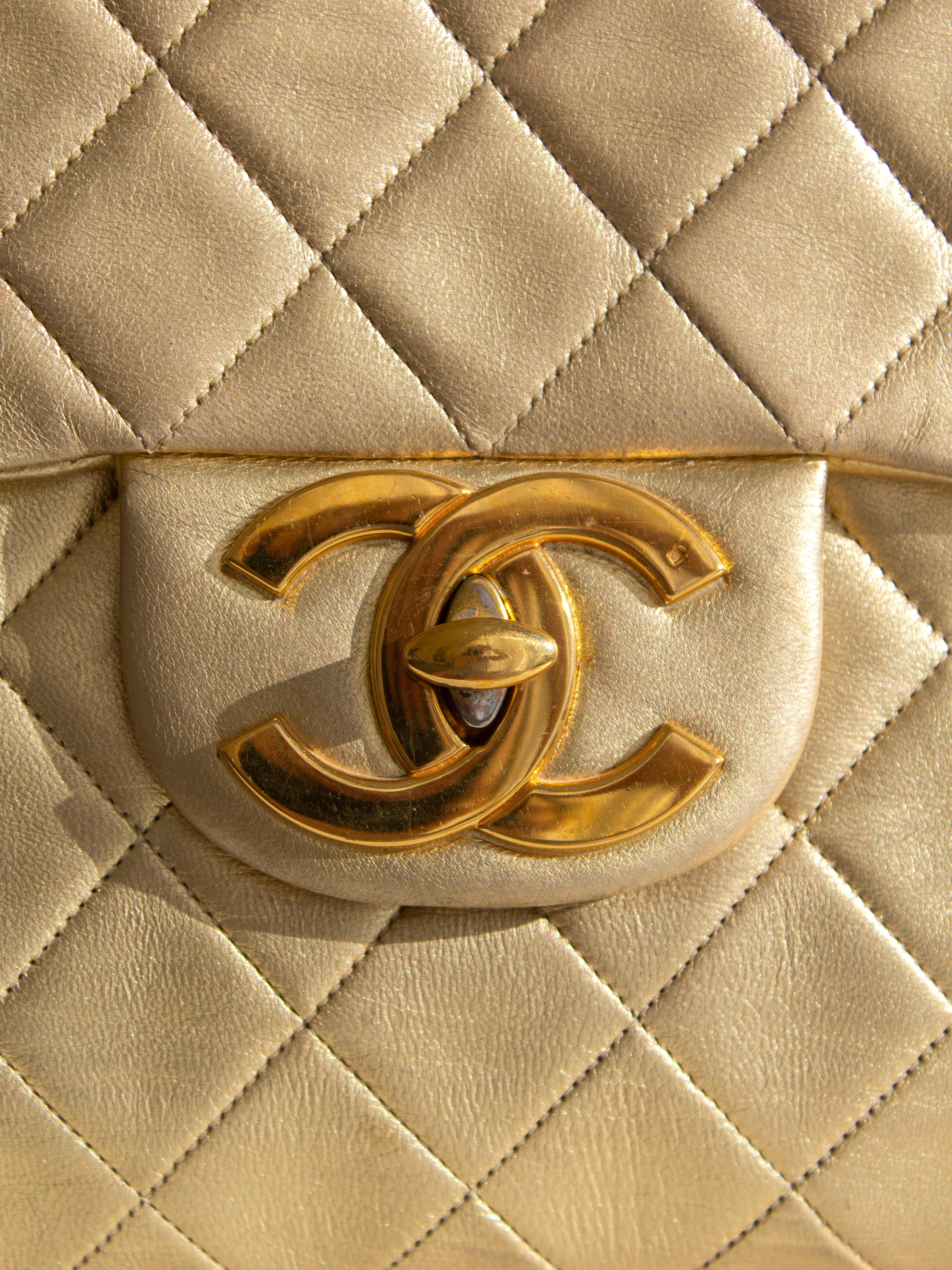 Brown Chanel Vintage Jumbo XL Maxi Flap Metallic Gold 1990s Lambskin Bag