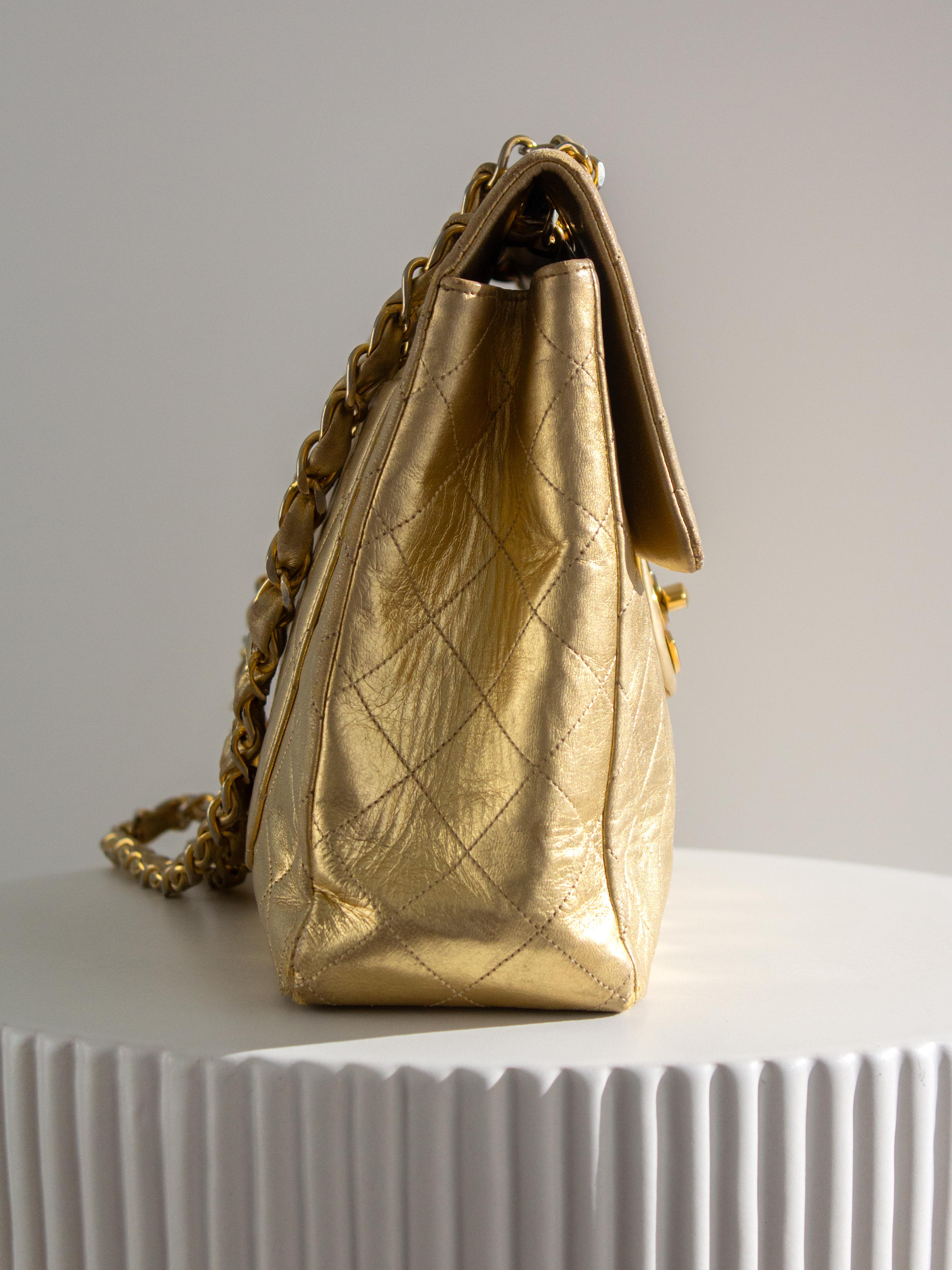 Women's Chanel Vintage Jumbo XL Maxi Flap Metallic Gold 1990s Lambskin Bag