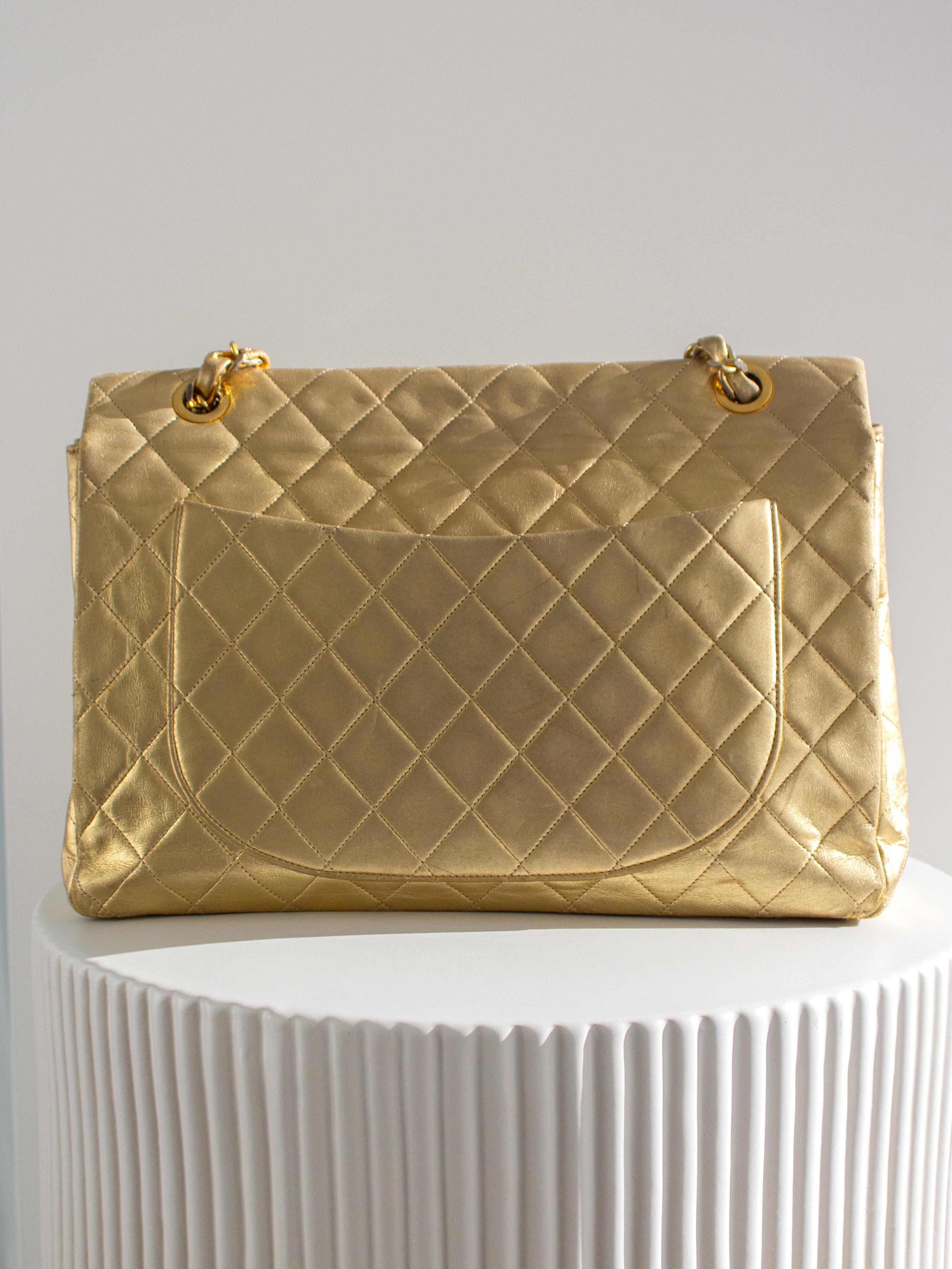 Chanel Vintage Jumbo XL Maxi Flap Metallic Gold 1990s Lambskin Bag 1