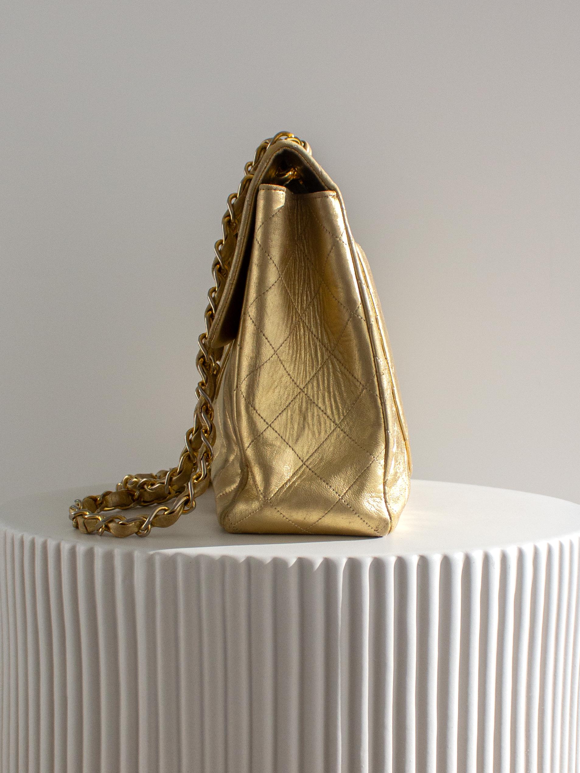 Chanel Vintage Jumbo XL Maxi Flap Metallic Gold 1990s Lambskin Bag 4