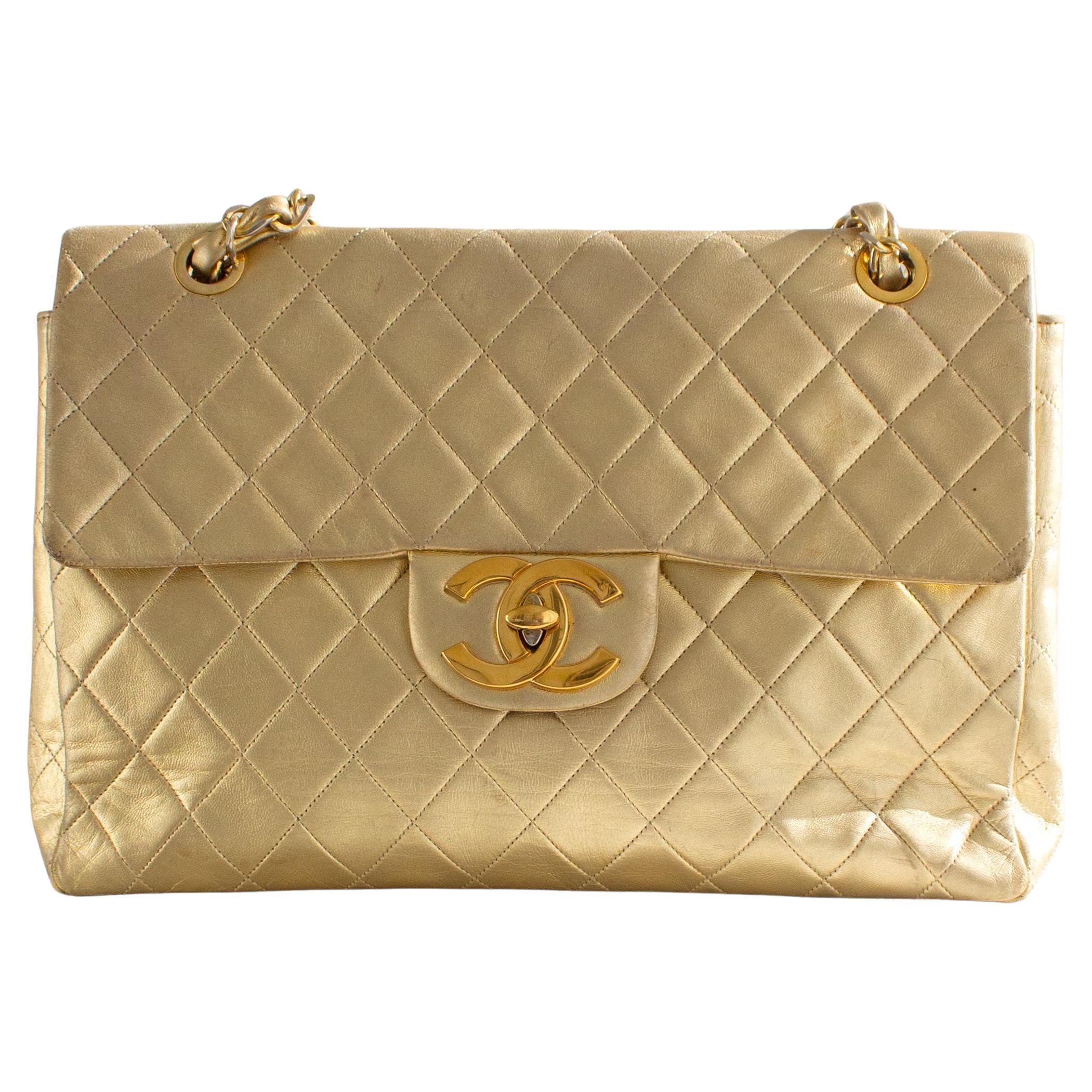 Chanel Vintage Jumbo XL Maxi Flap Metallic Gold 1990s Lambskin Bag