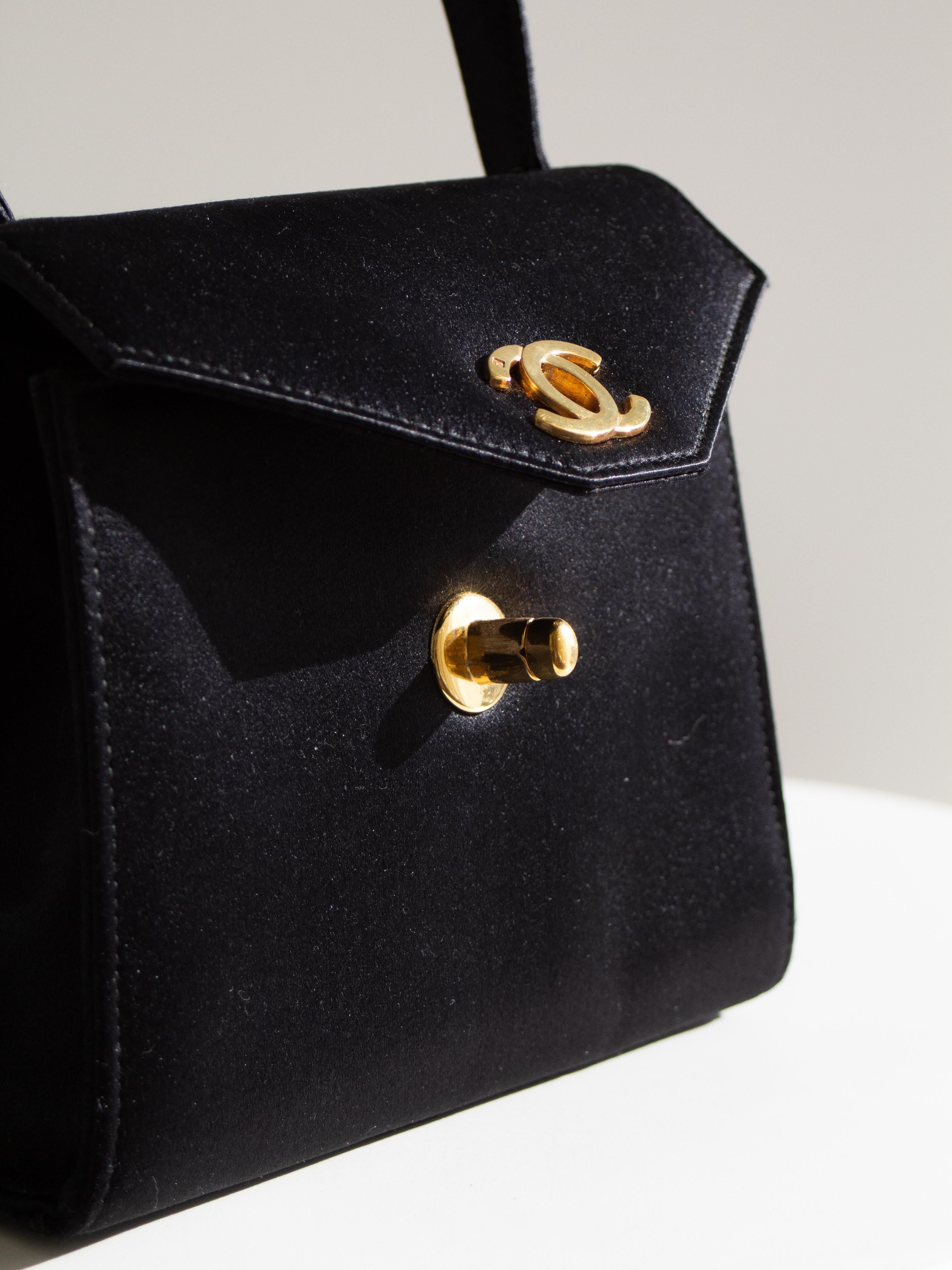 Chanel Vintage Kelly 1996 Black Satin 24K Gold Mini Evening Bag 6