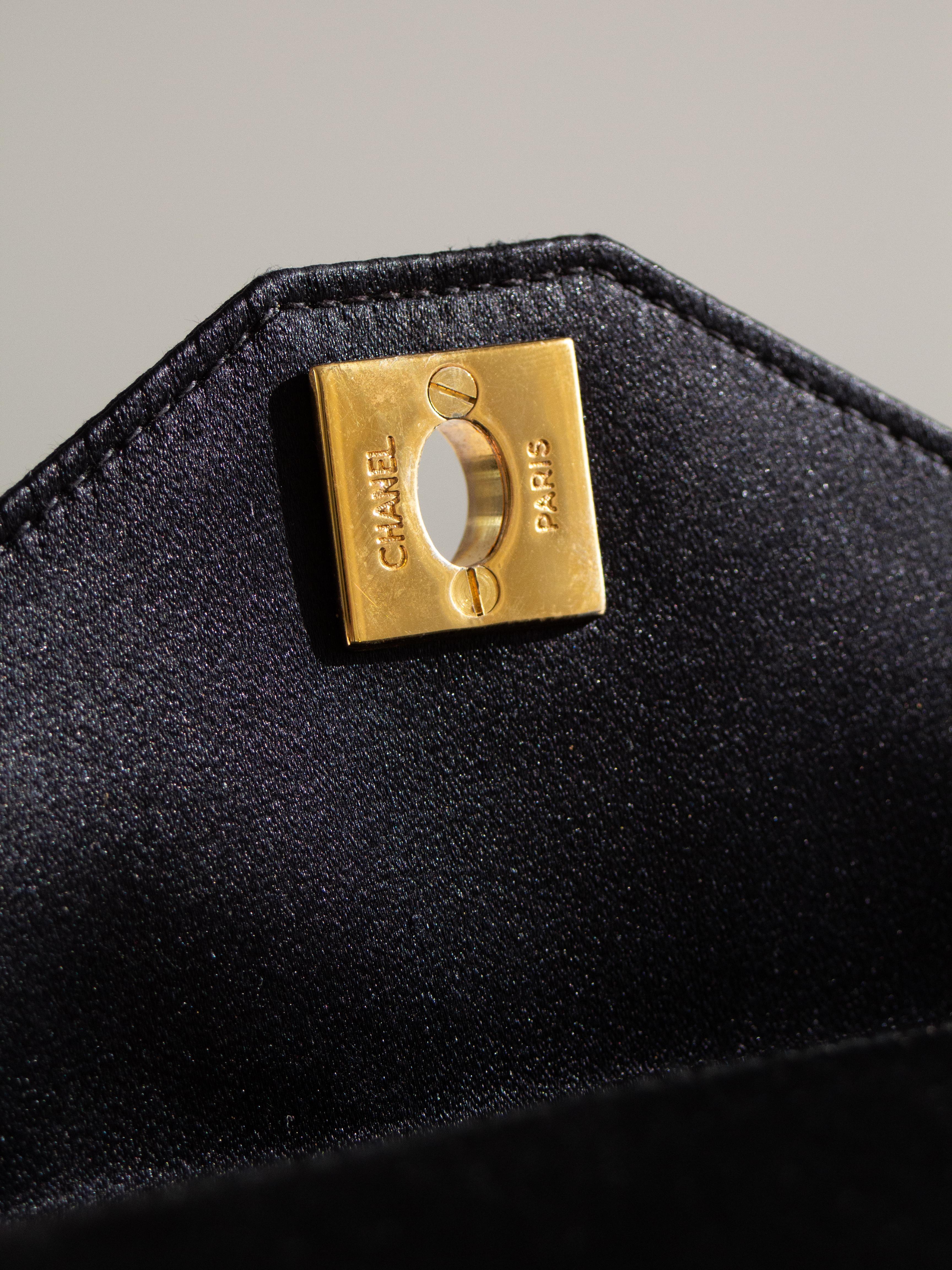 Chanel Vintage Kelly 1996 Black Satin 24K Gold Mini Evening Bag 7