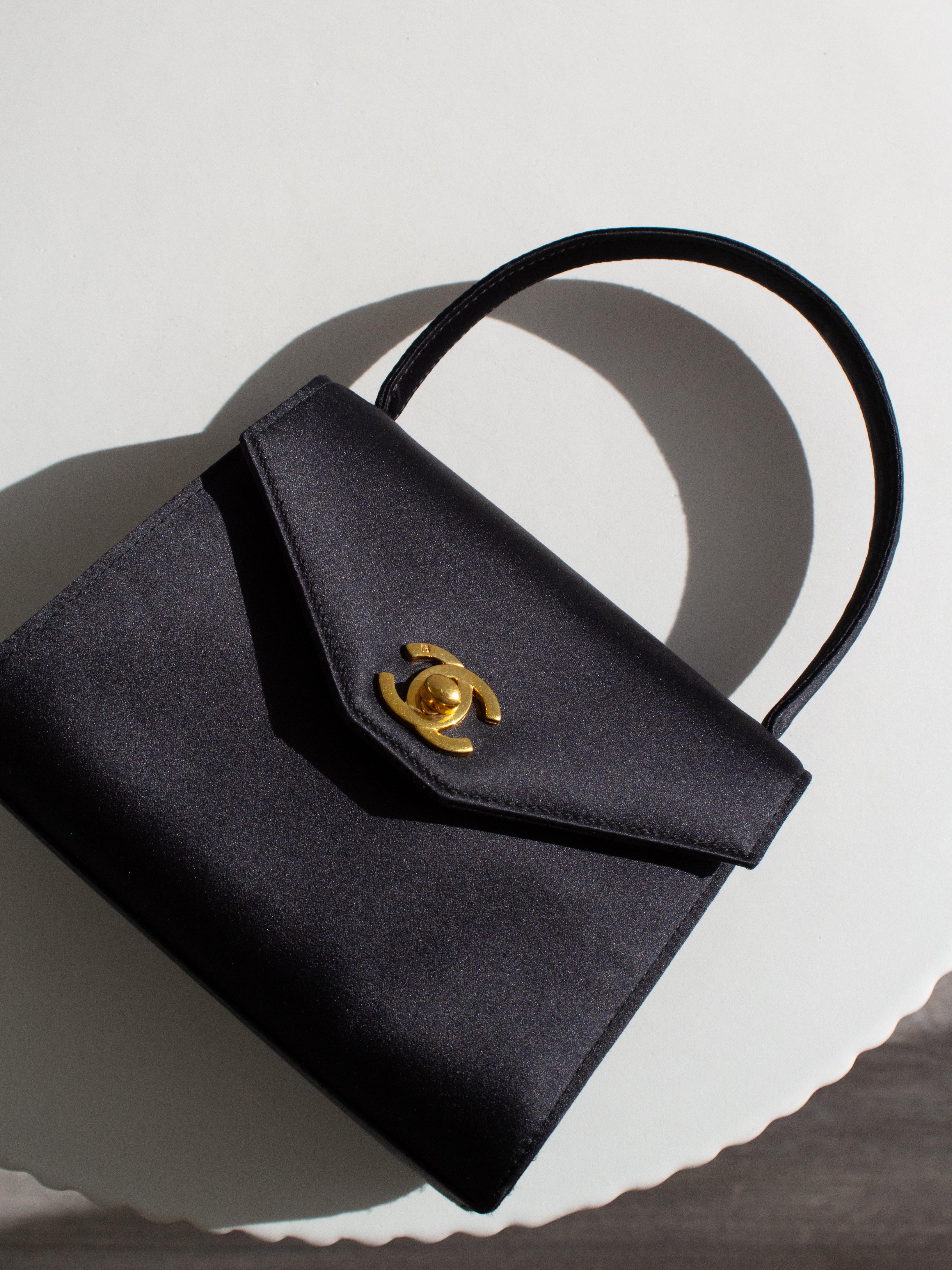 Chanel Vintage Kelly 1996 Black Satin 24K Gold Mini Evening Bag 14