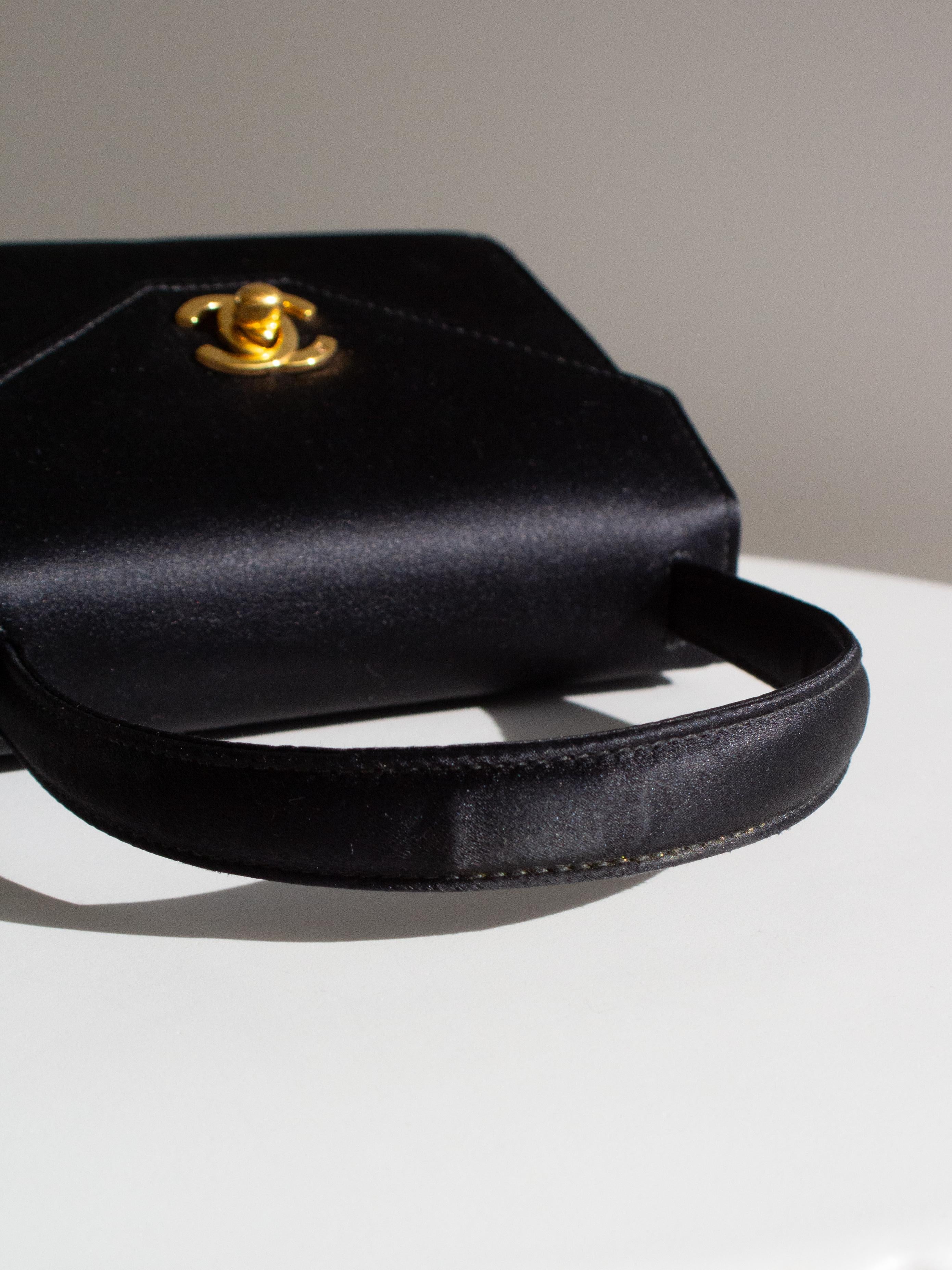 Chanel Vintage Kelly 1996 Black Satin 24K Gold Mini Evening Bag 15