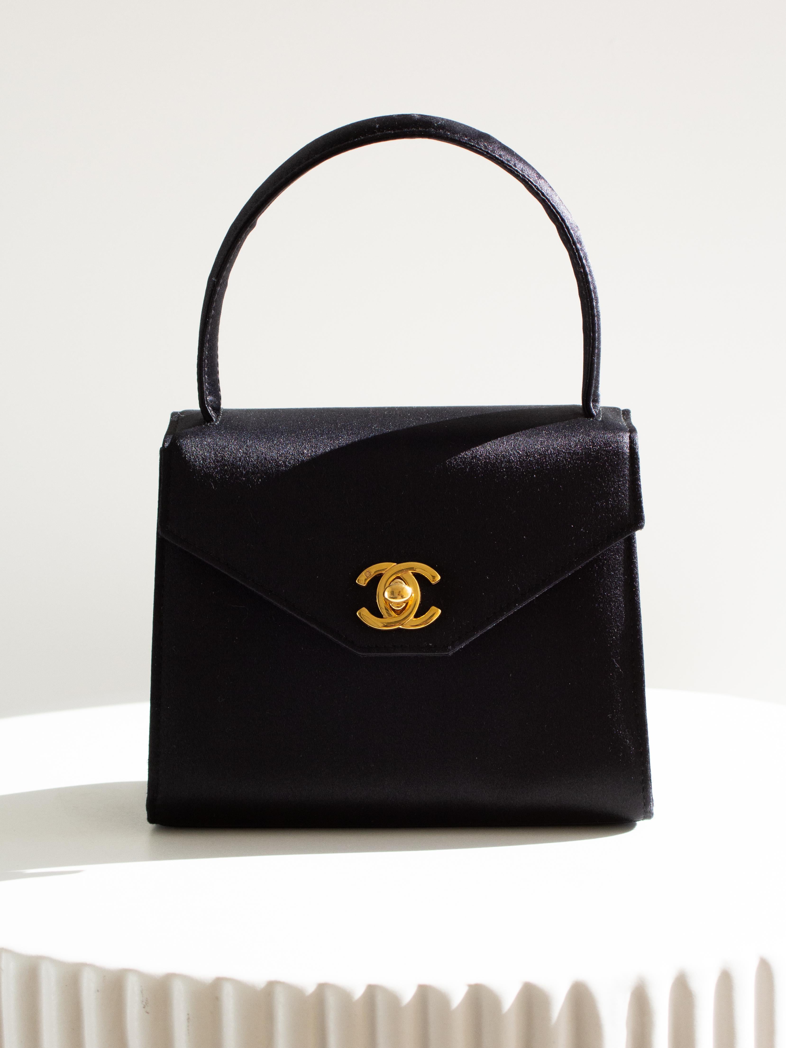 Chanel Vintage Kelly 1996 Black Satin 24K Gold Mini Evening Bag 16