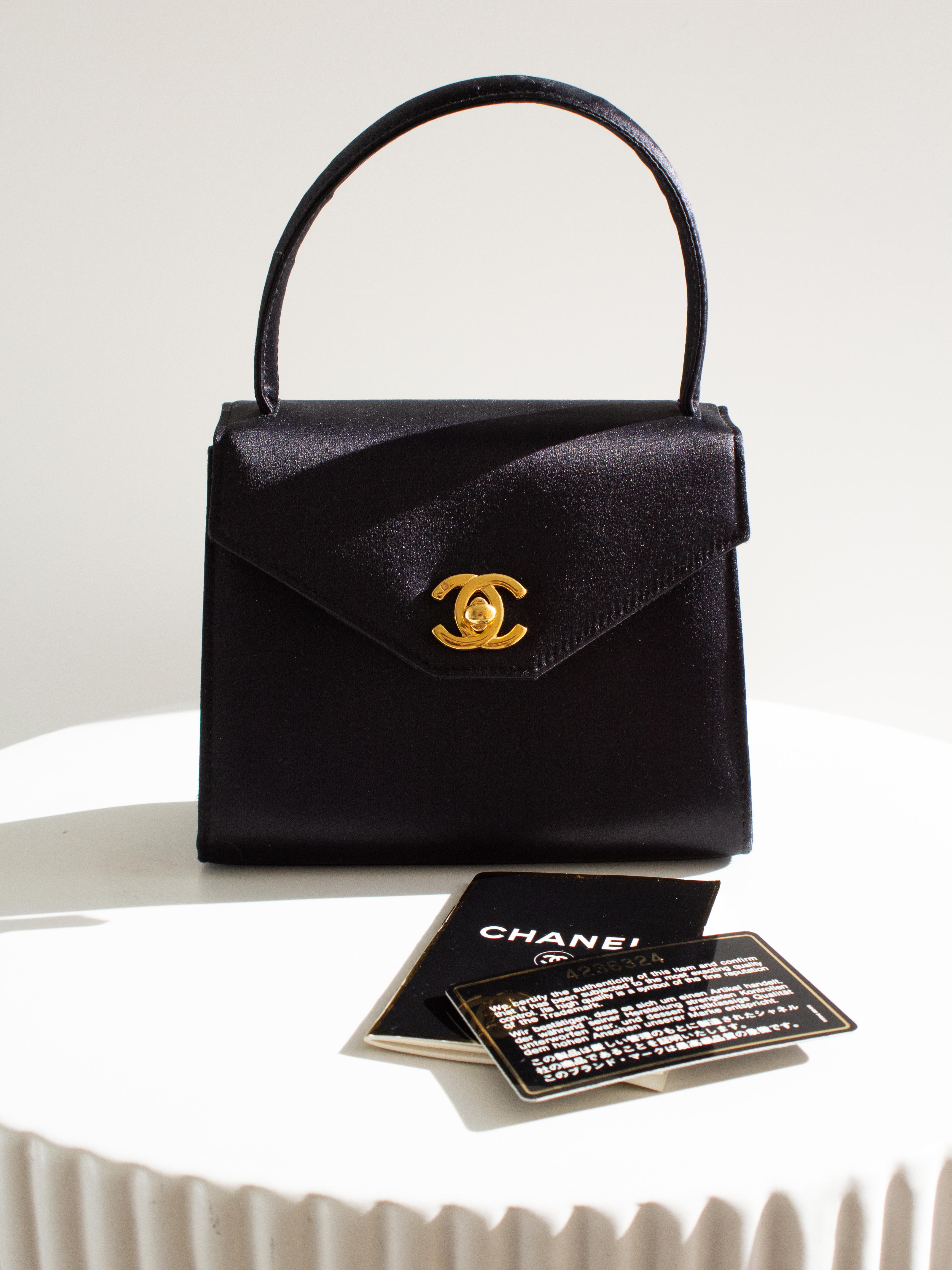 Chanel Vintage Kelly 1996 Black Satin 24K Gold Mini Evening Bag In Good Condition In Jersey City, NJ
