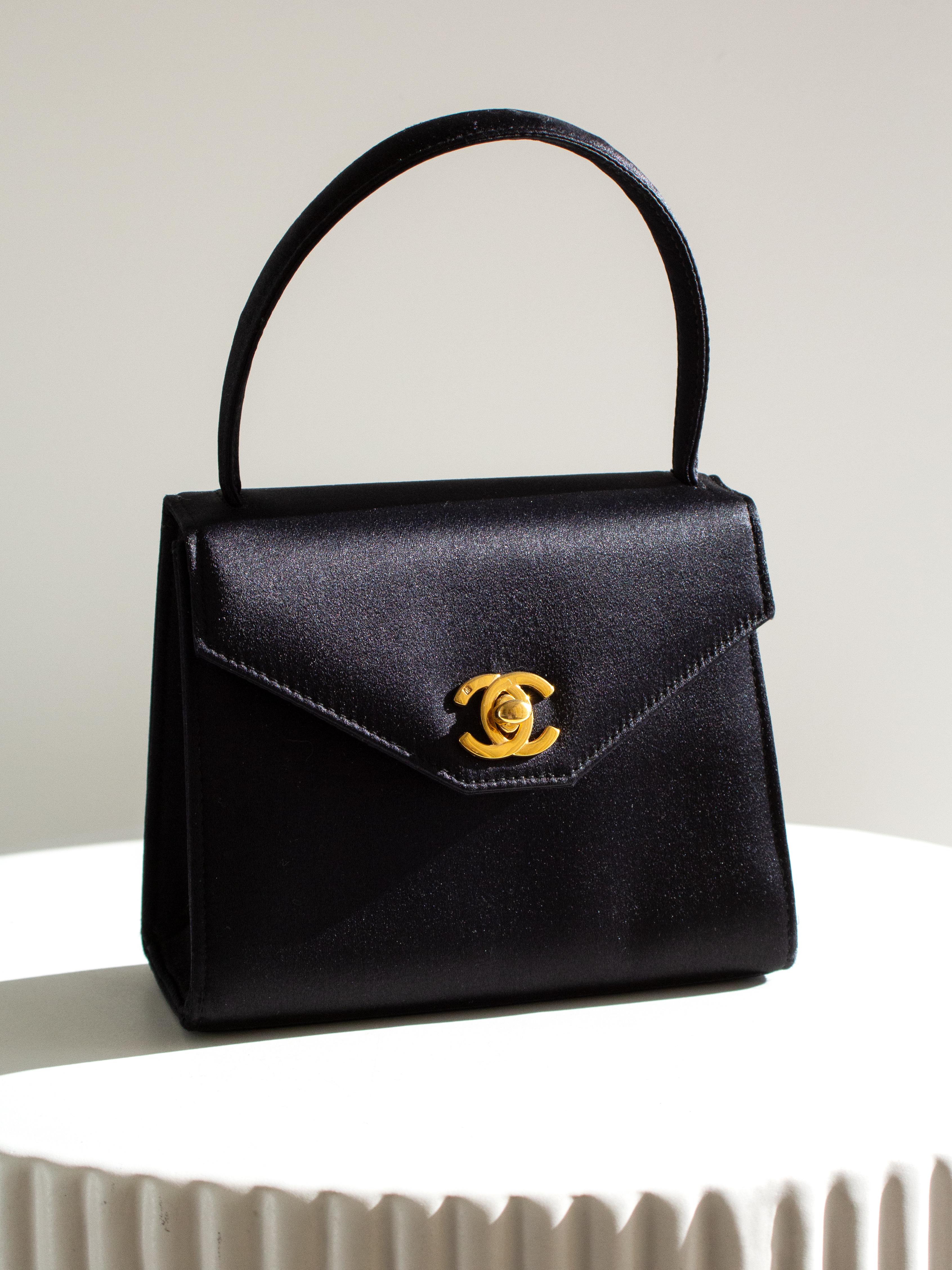 Women's Chanel Vintage Kelly 1996 Black Satin 24K Gold Mini Evening Bag