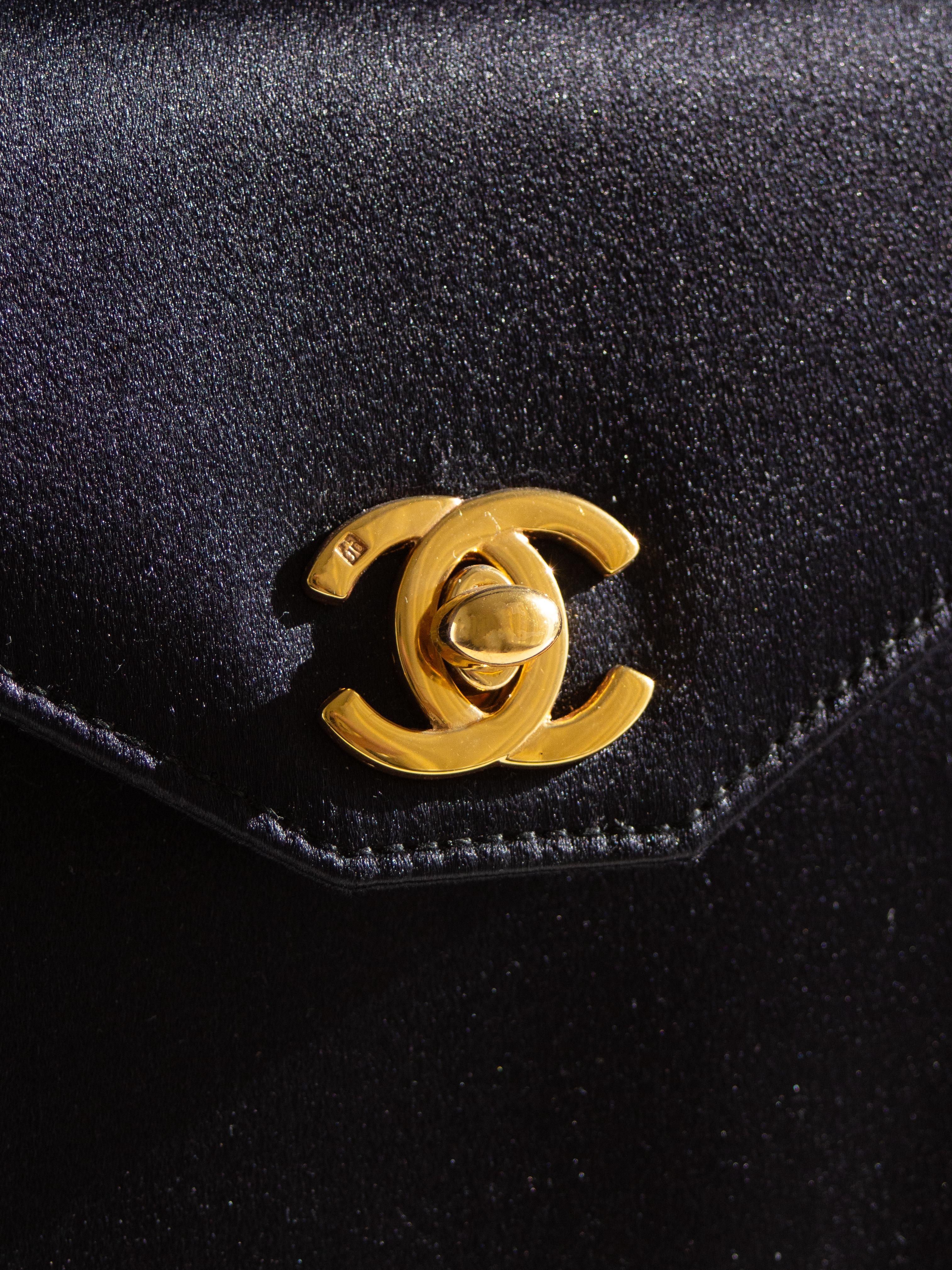 Chanel Vintage Kelly 1996 Black Satin 24K Gold Mini Evening Bag 1