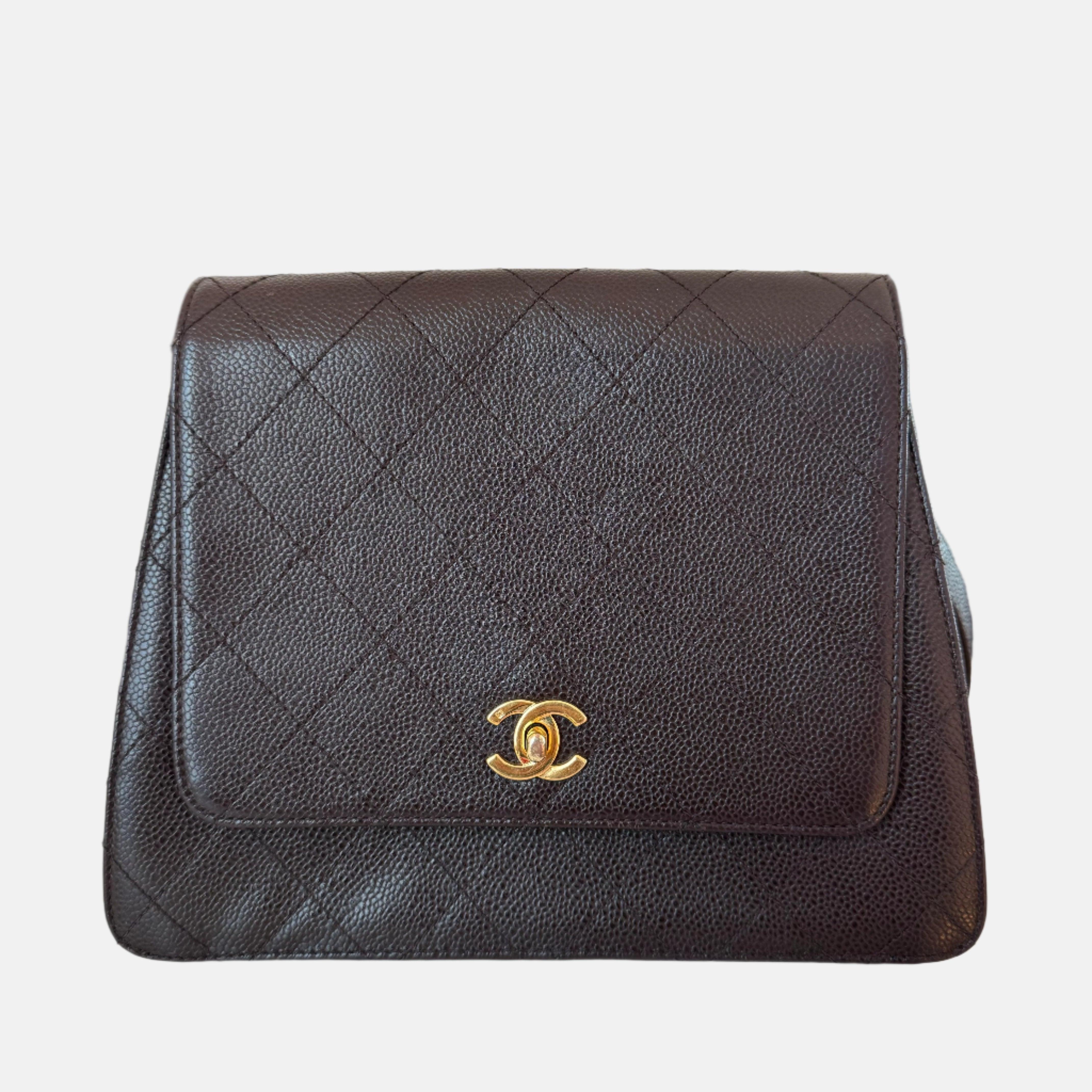 Chanel Vintage Kelly Bolso de hombro de piel de caviar marrón con herrajes de oro de 24 quilates, 1996 1