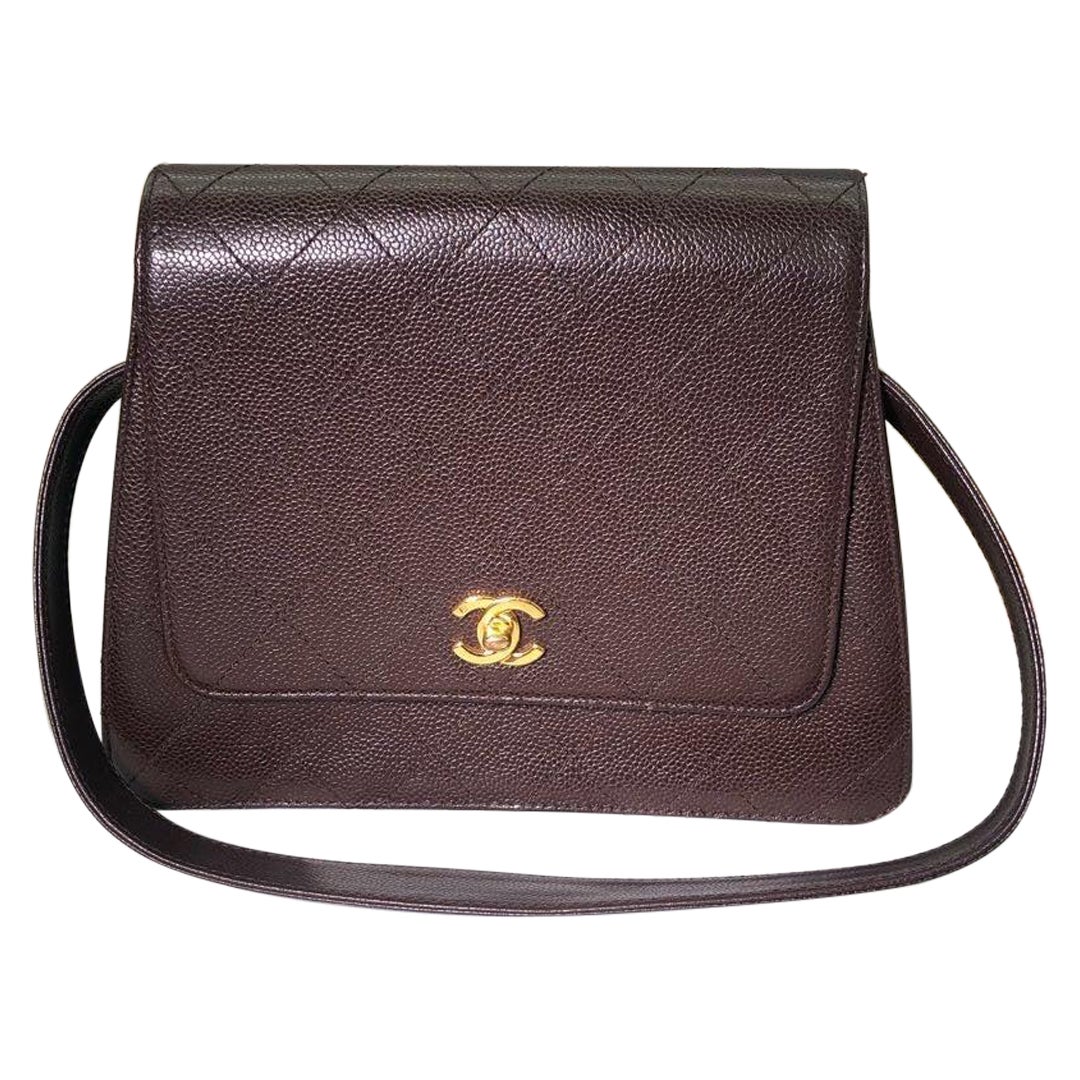 Chanel Vintage Kelly Brown Caviar Leather Shoulder Bag 24k Gold Hardware, 1996