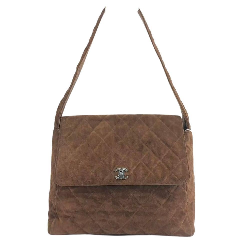 Chanel Vintage Kelly Brown Suede Leather Shoulder Bag Silver Hardware, 1996-1997 For Sale