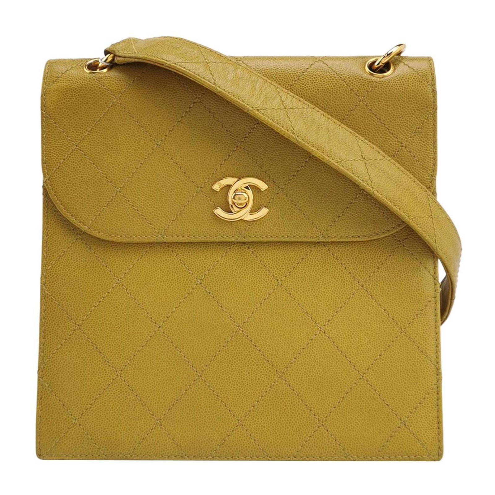 Chanel Vintage Kelly Flap Bag Yellow Caviar Leather 24k Gold Hardware 1997-1999