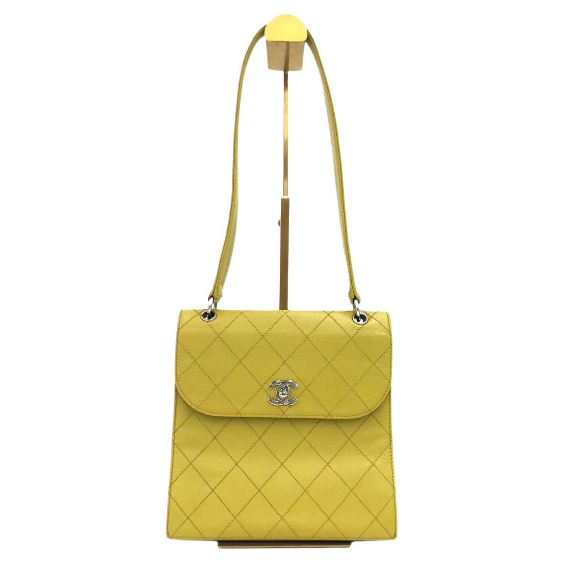 Chanel Vintage Kelly Flap Borsa in pelle di caviale giallo con finiture in oro 24k 1997-1999