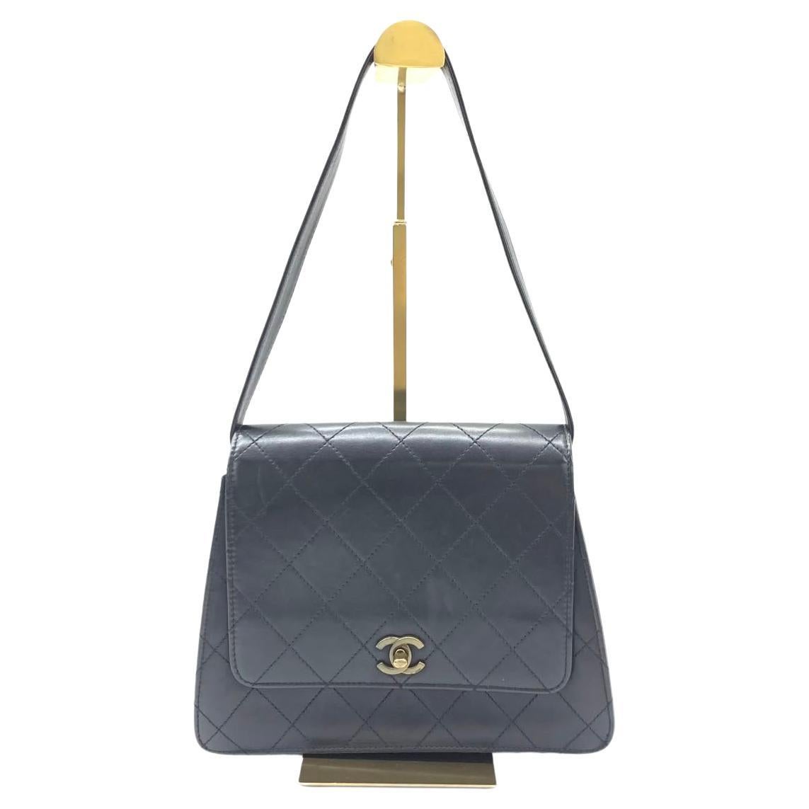 Chanel Vintage Kelly Style Black Leather Shoulder Bag Diamond Stitch Medium