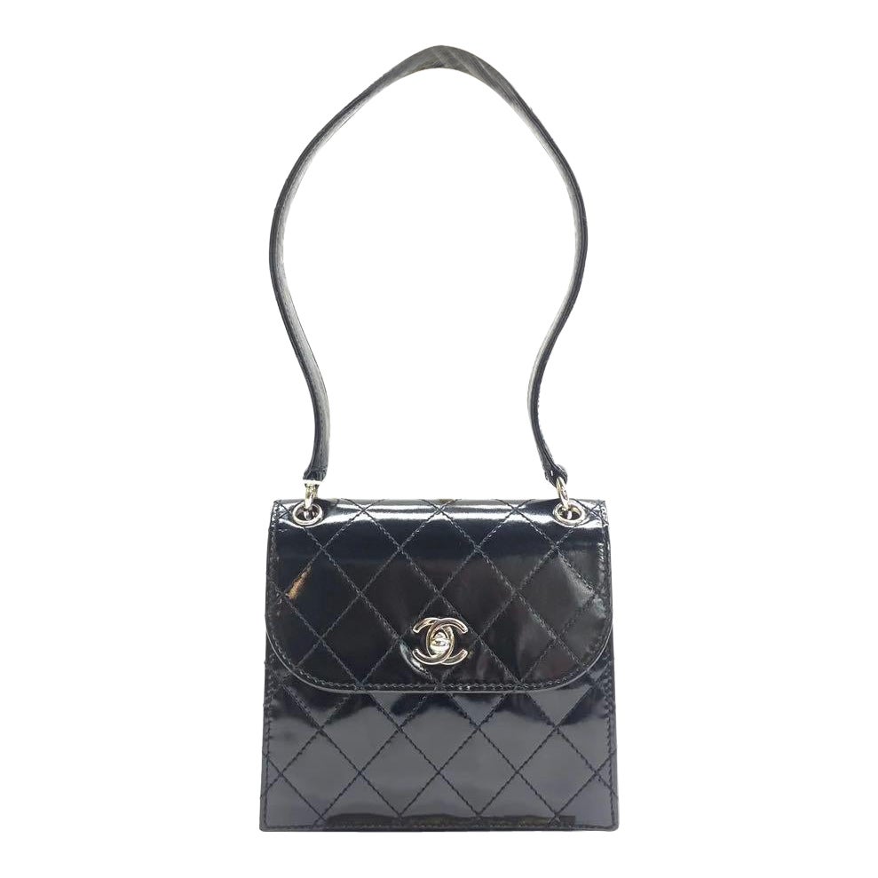 Chanel Vintage Kelly Style Mini Schwarz Lackleder Umhängetasche Diamond Stitch im Angebot