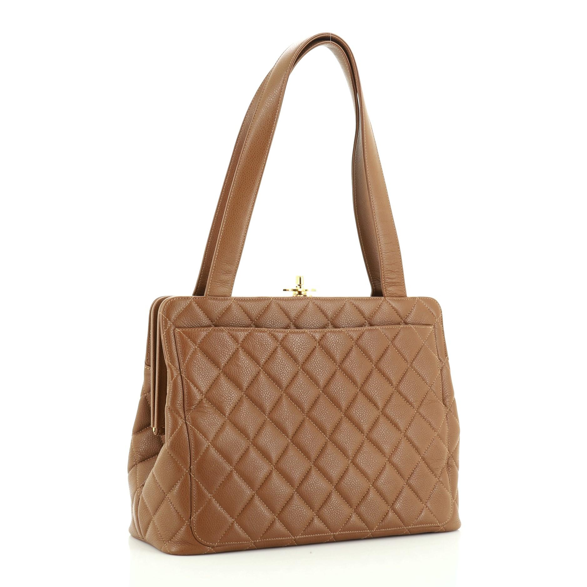 Brown Chanel Vintage Kisslock Frame Tote Quilted Caviar Large
