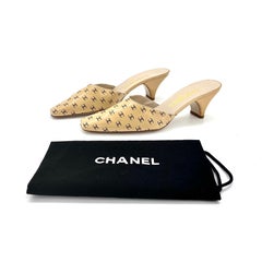 Chanel Vintage Lagerfeld CC Print Pointed Toe Kitten Heel Mules Slip On Pumps 36