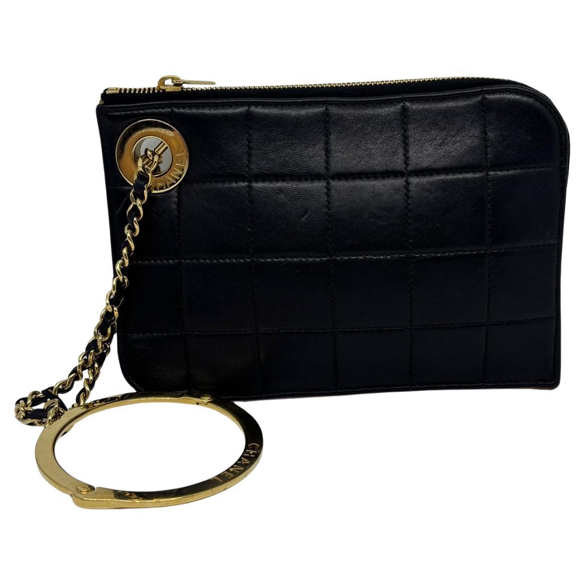 Chanel Vintage Lambskin Chocolate Bar Quilt Handcuff Wristlet Zip Clutch For Sale