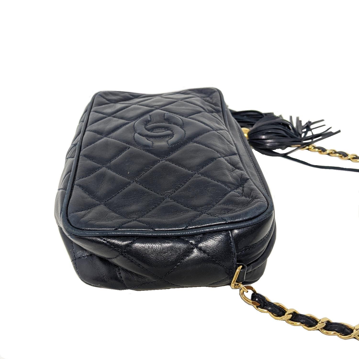 Women's Chanel Vintage Lambskin Quilted CC Tassel Camera Case Navy