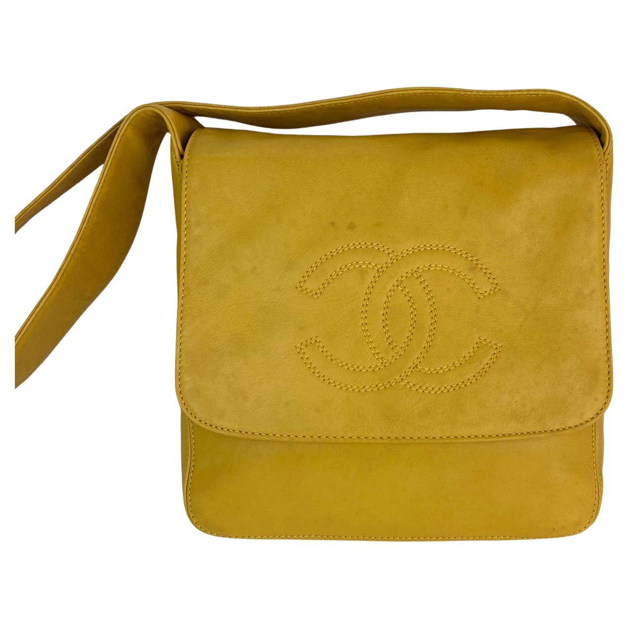 Chanel Vintage Lambskin Yellow Messenger Bag For Sale
