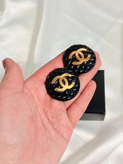 Chanel Vintage Large Black Quilted CC Clip-On Statement Earrings