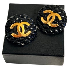 Chanel Vintage Large Black Quilted CC Clip-On Statement Earrings