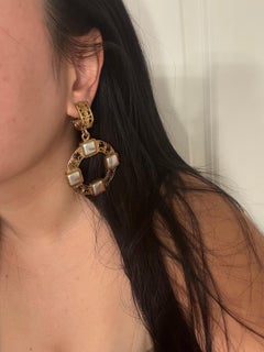 Chanel Vintage Large Gold and Pearl CC Logo Hoop Clip On Earrings