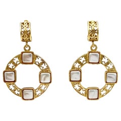 Chanel Vintage Large Gold and Pearl CC Logo Hoop Clip On Earrings