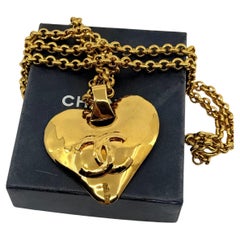 Chanel Antique Large Gold CC Heart Chain Pendant Necklace