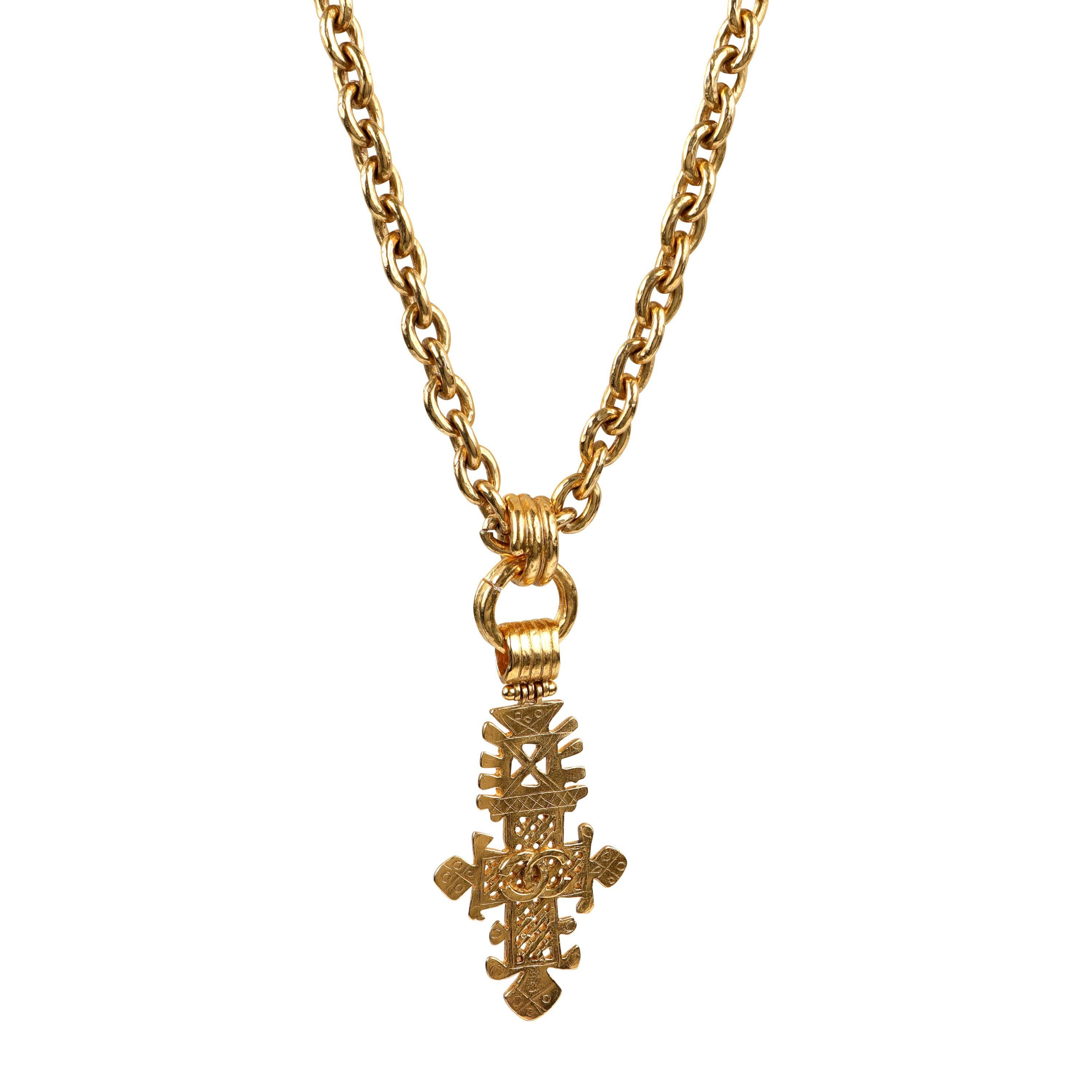 Chanel Vintage Large Gold CC Ornate Cross Necklace  In Good Condition For Sale In Palm Beach, FL