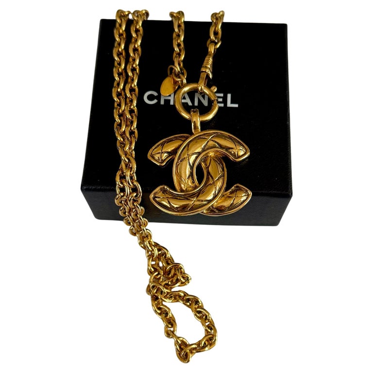 Chanel Vintage Large Gold CC Quilted Pendant Necklace