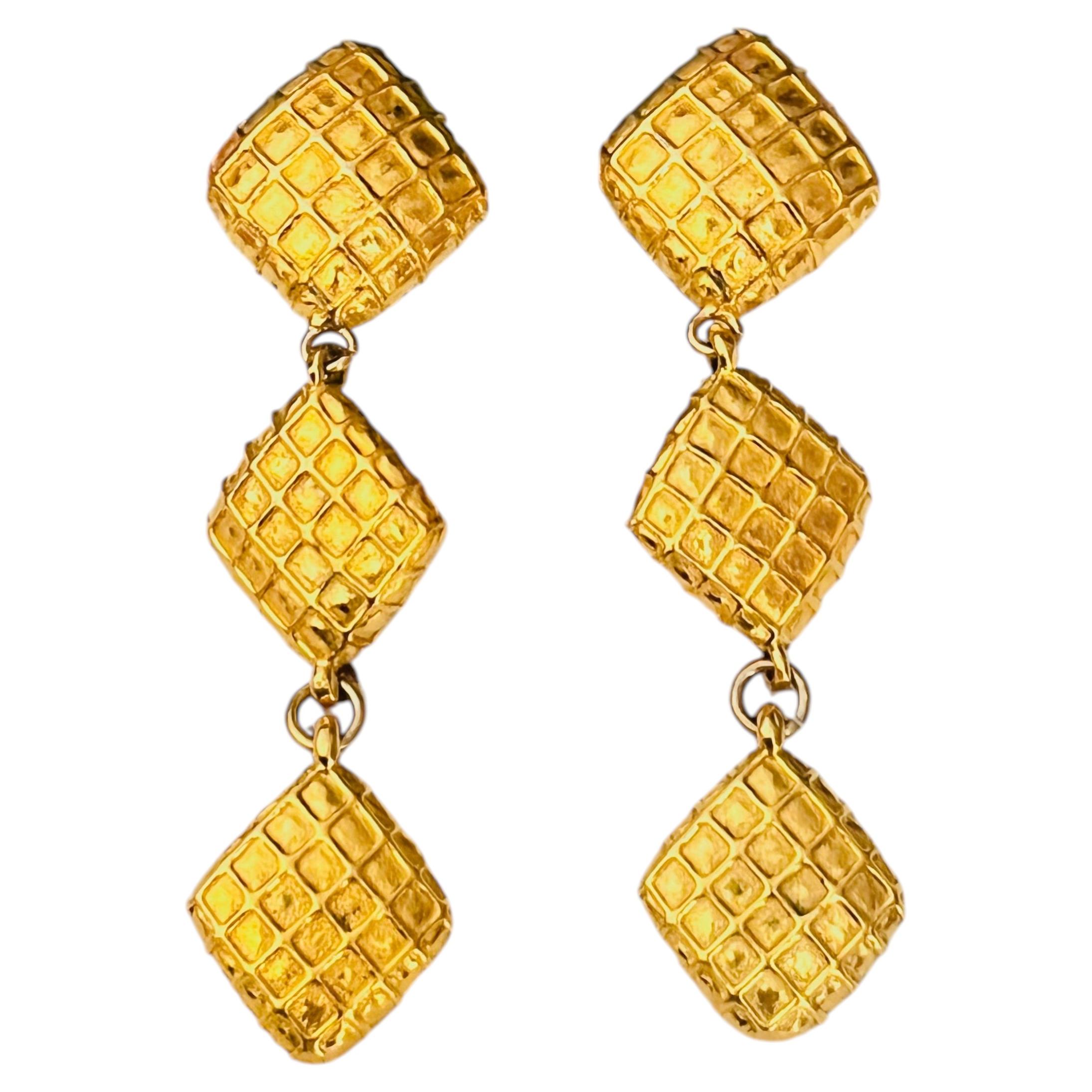 Chanel Vintage Large Gold Iconic Waffle Matelassé Quilted Long Drop Earrings For Sale