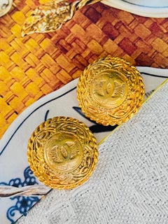 Chanel Vintage Large Gold Textured Gold CC Coco Medallion Circle Earrings