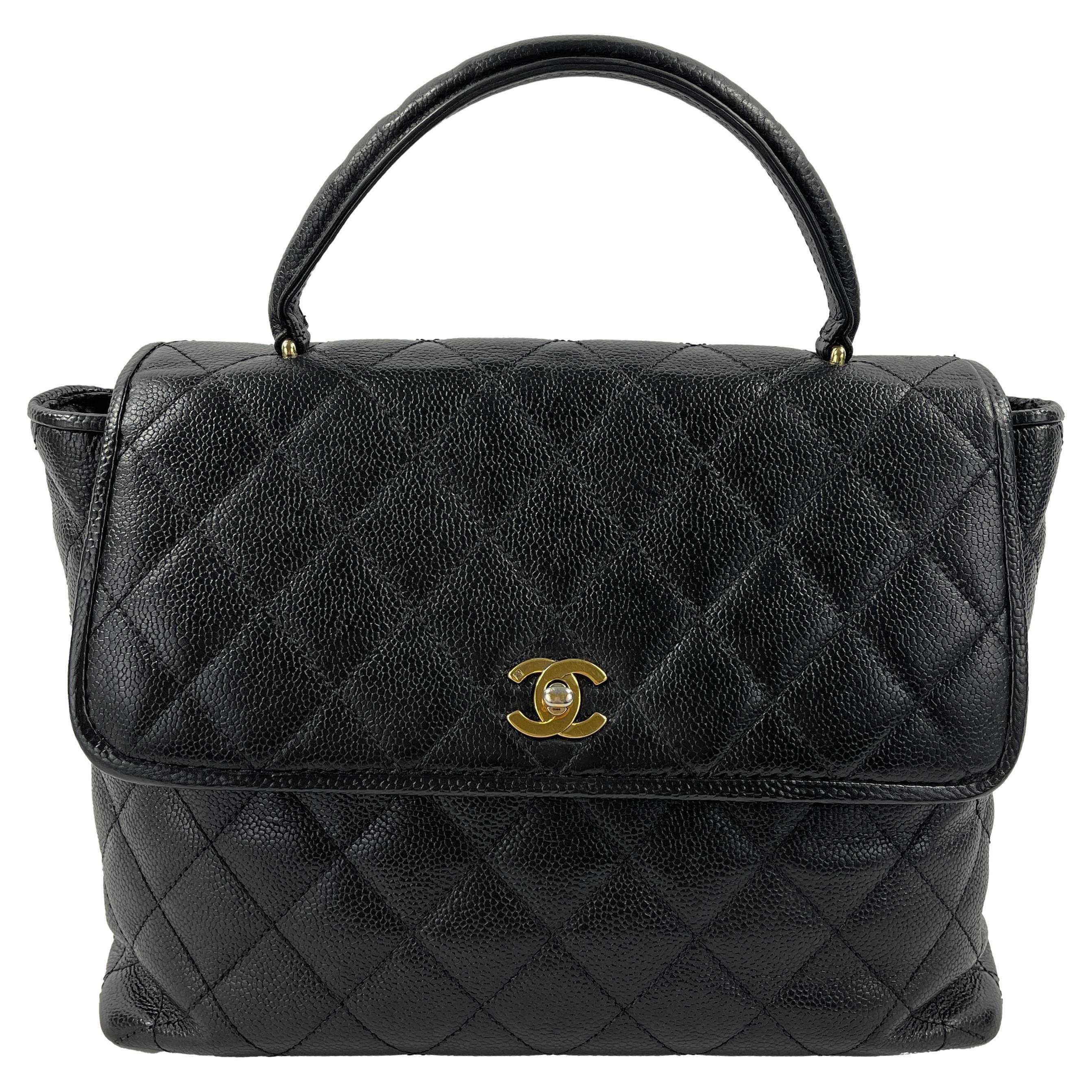 Chanel Vintage Large Quilted CC Caviar Kelly Flap Bag Top Handle