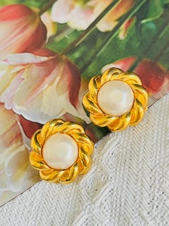 Chanel Vintage Large Rare Gold White Round Pearl Flower Swirl Rope Earrings