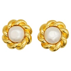 Chanel Vintage Large Rare Gold White Round Pearl Flower Swirl Rope Earrings