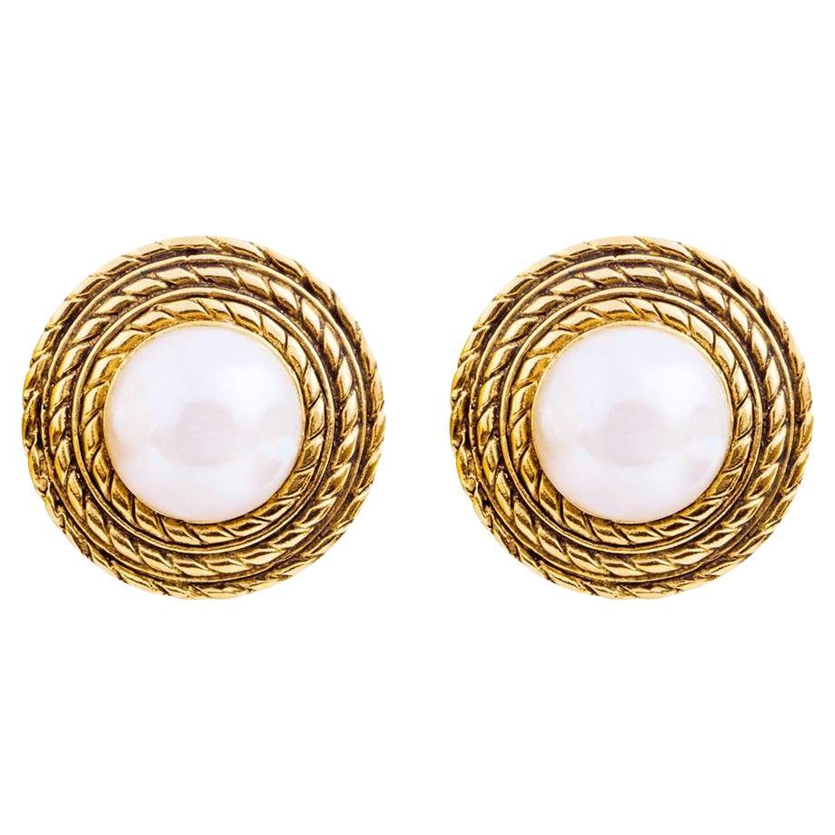 Chanel Vintage Large Round Gold-Tone Faux Pearl Clip Earrings, France, 1990s